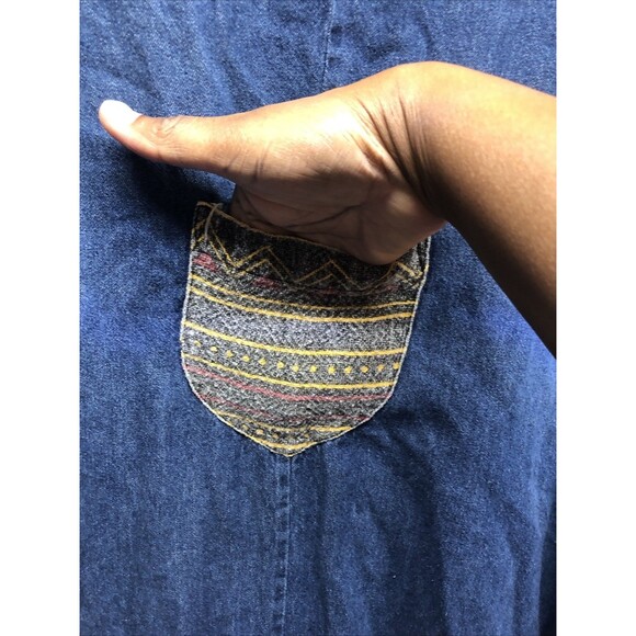 Denim Dress Nefertiti Embellished Ethnic Trim 1/2 Sleeve Midi Length V Neck - Picture 14 of 15